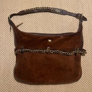 Vintage Burberry Brown Suede & Leather Bag w Chain Details & Gold Hardware